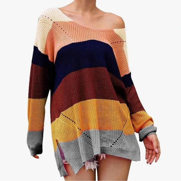 🖤 New Fall Oversized Women’s Stripe Breathable Knit Sweater 🖤 - Picture 2 of 8